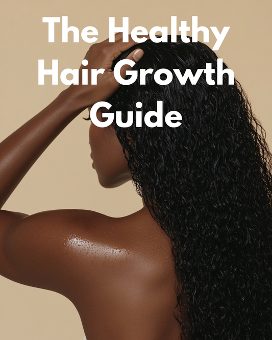Black and white photo of Auri Essentials hair salon service promoting healthy hair growth with hair treatments and styling tools.